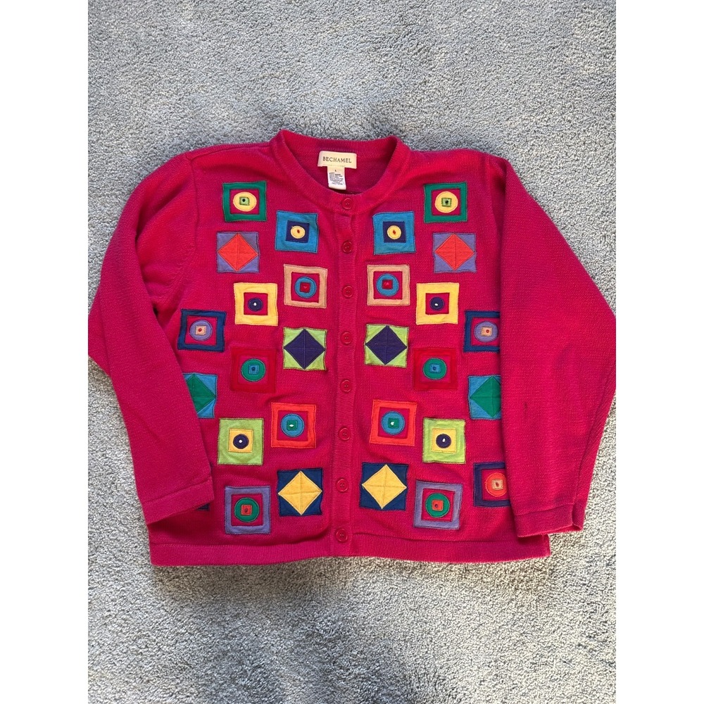 Bechamel Pink Colorful Applique Geometric Shapes Cardigan‎ Sweater Size Large